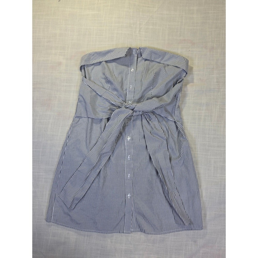 Iris Womens Navy White Striped Strapless Tie Front Button Down Mini Dress Medium